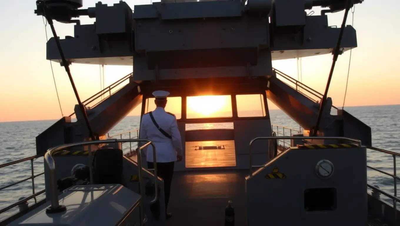 Admiral Gazing Out at Horizon as Sun Sets Behind