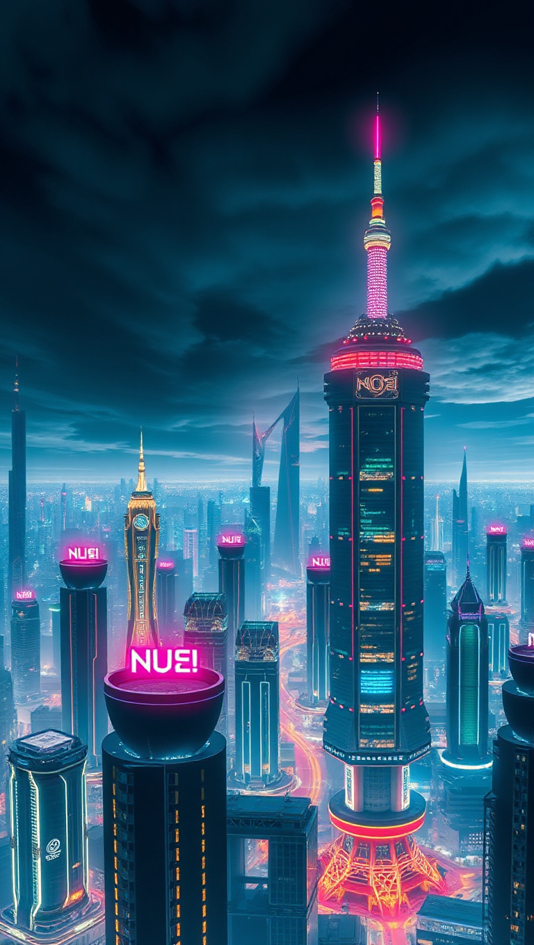 Futuristic Cityscape Wallpaper with Towering Skyscrapers and Neon Lights