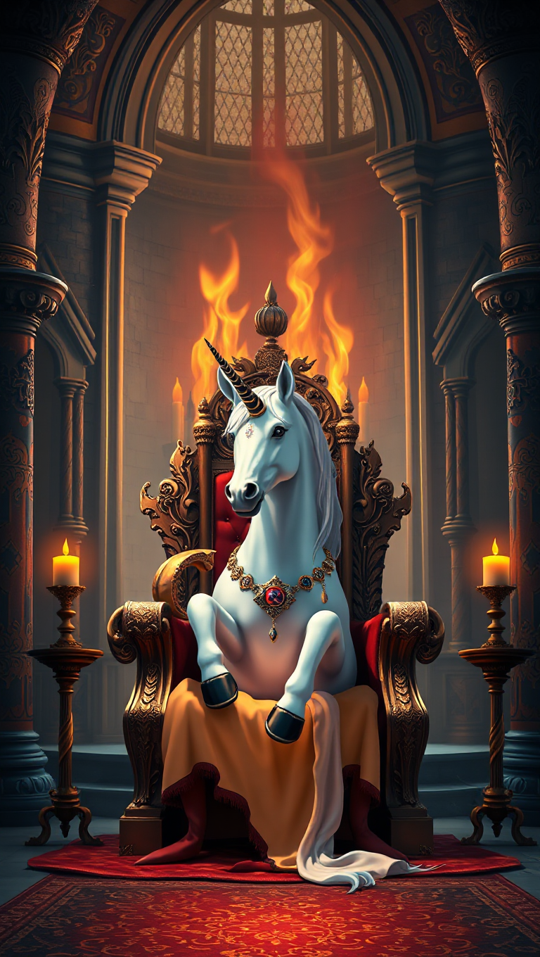 Unicorn on Throne in Lavish Castle with Warm Fire