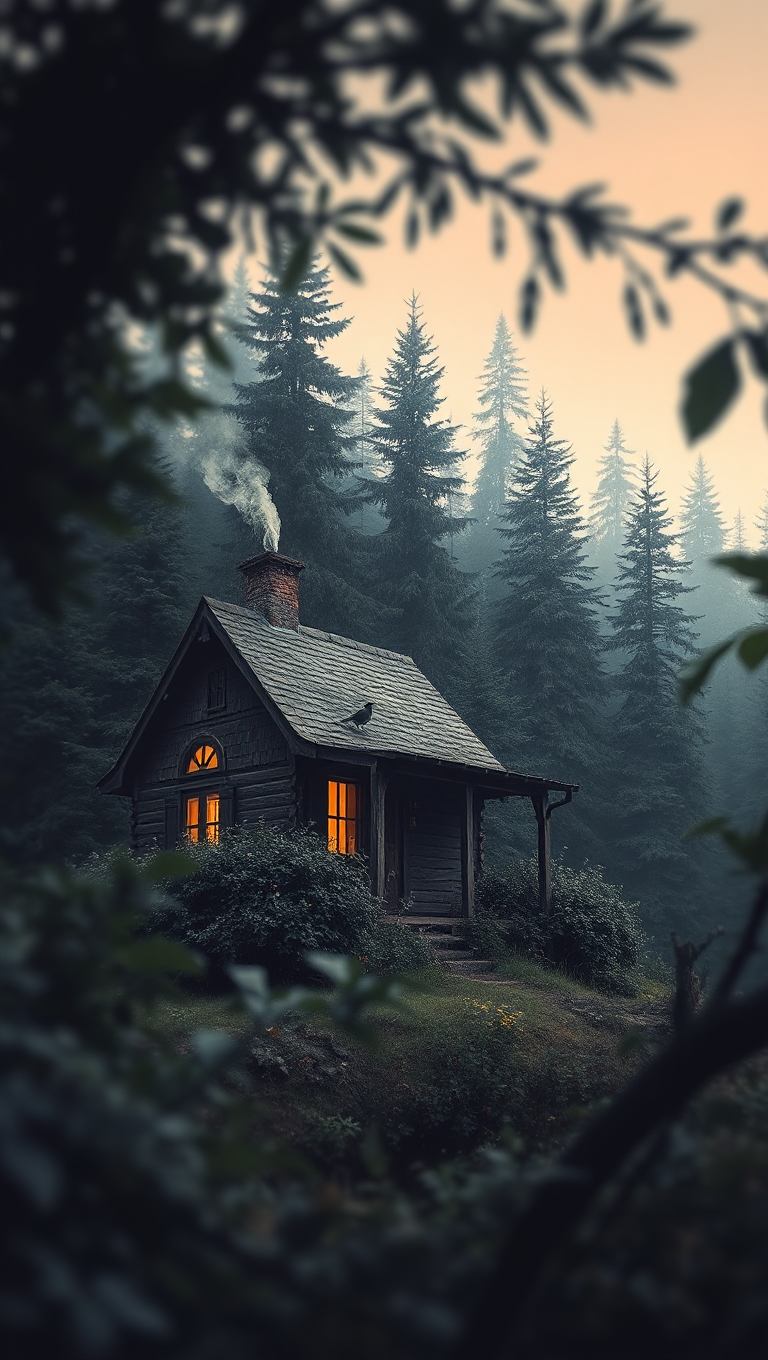 Cozy Cottage in Dense Forest with Smoke and Birds