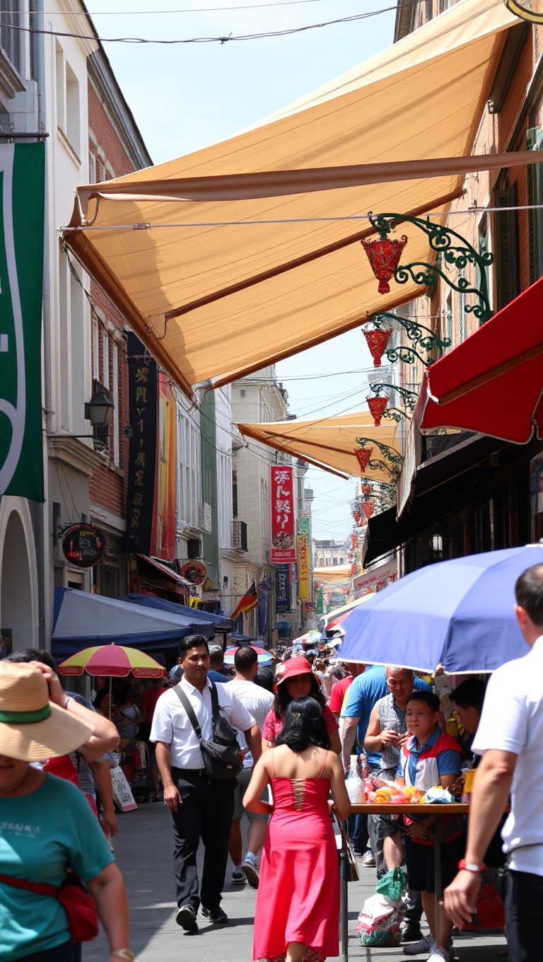 Bustling Street Scene with Built-In Awning Background