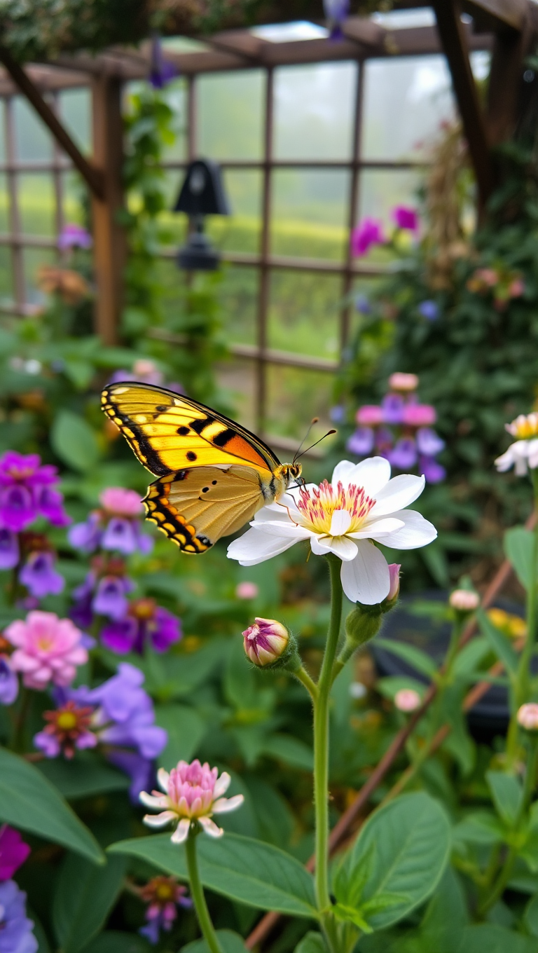 Cozy Garden Setting with Butterfly Sipping Nectar