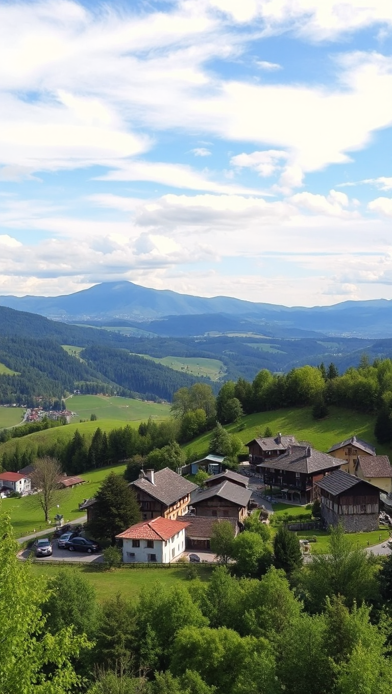 Picturesque Village in Lush Valley with Rolling Hills