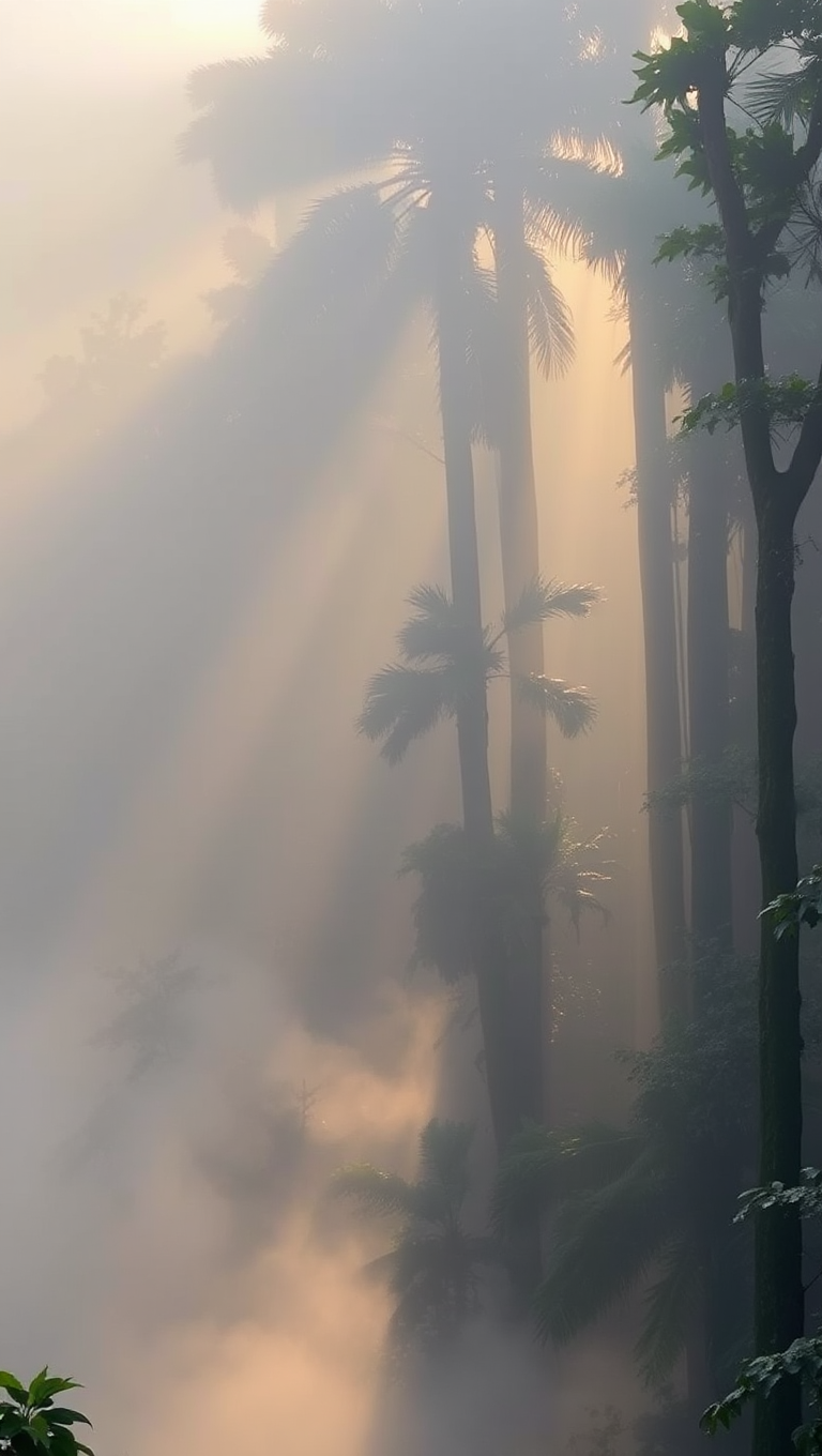 Misty Rainforest Dawn with Sunlight Filtering Through