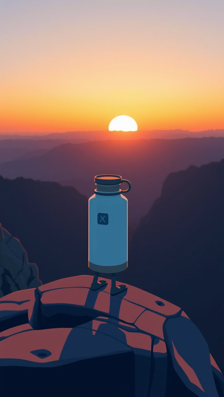 Flask Looks Out at Breathtaking Sunset on Deep Blue Cliff