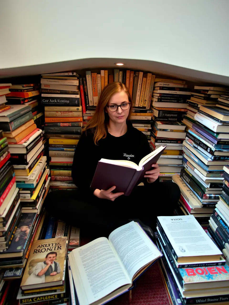 Cozy Reading Nook with Piles of Books and One Open Book