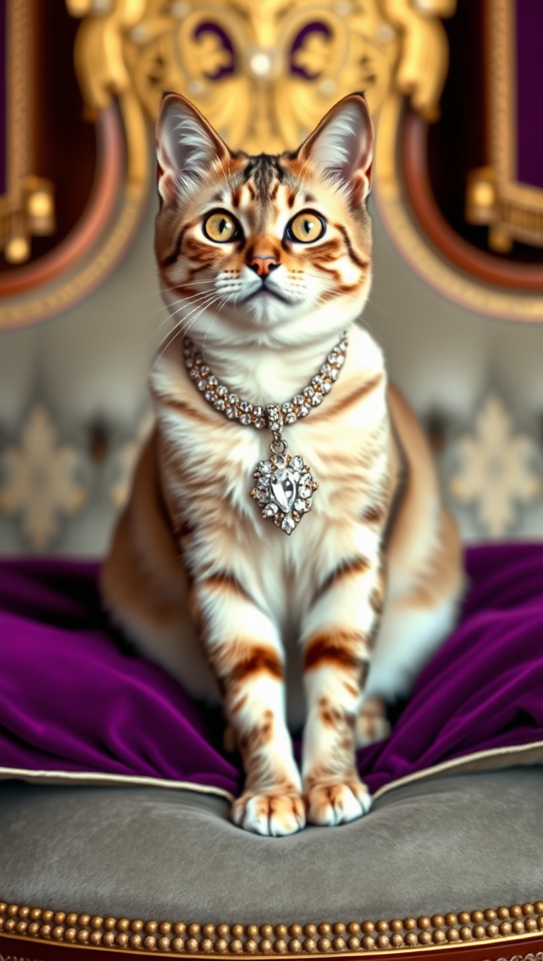 Regal Cat Wearing Diamond Collar on Velvet Cushion