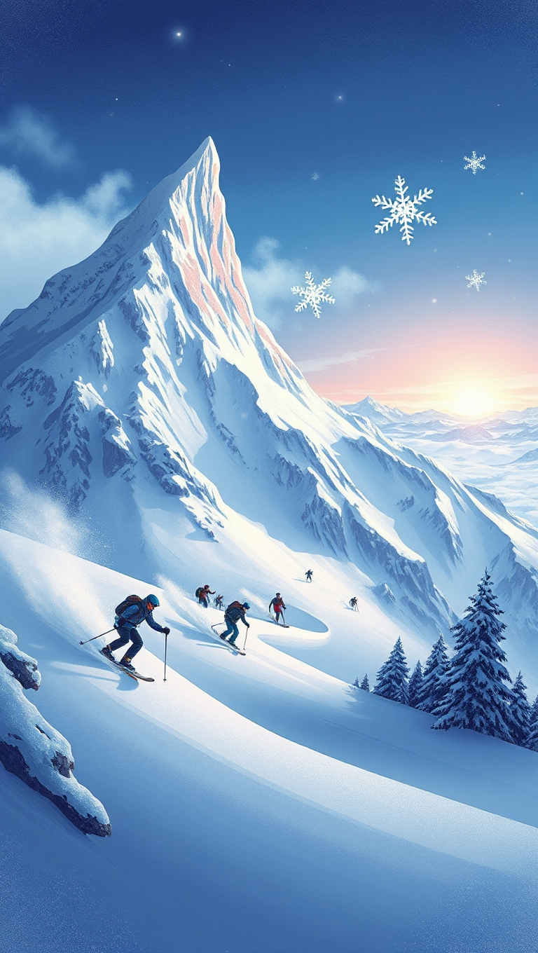 Snow-Covered Mountain Scene with Snowboarders and Skiers