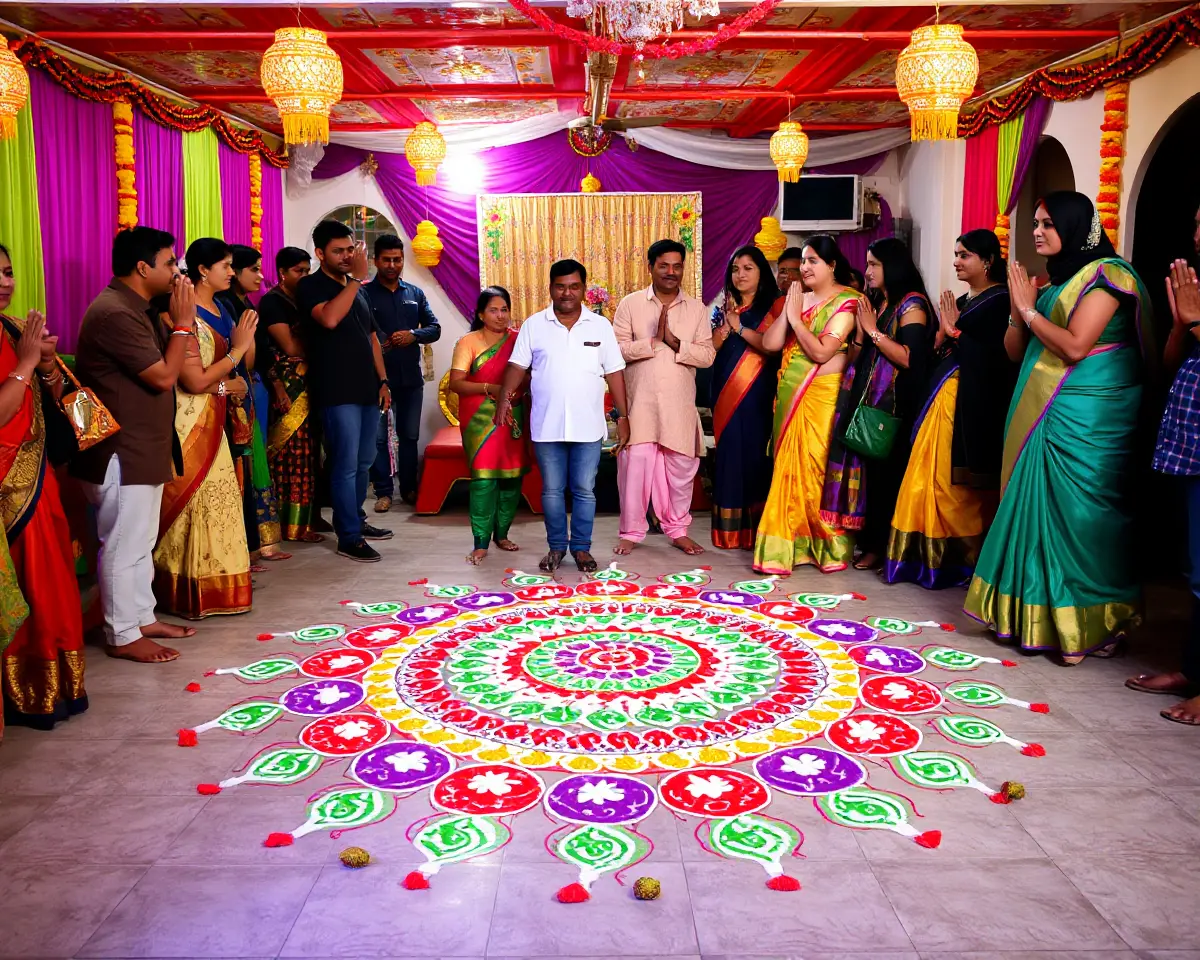 Festive Indian Celebration Features Large Rangoli and Namaste