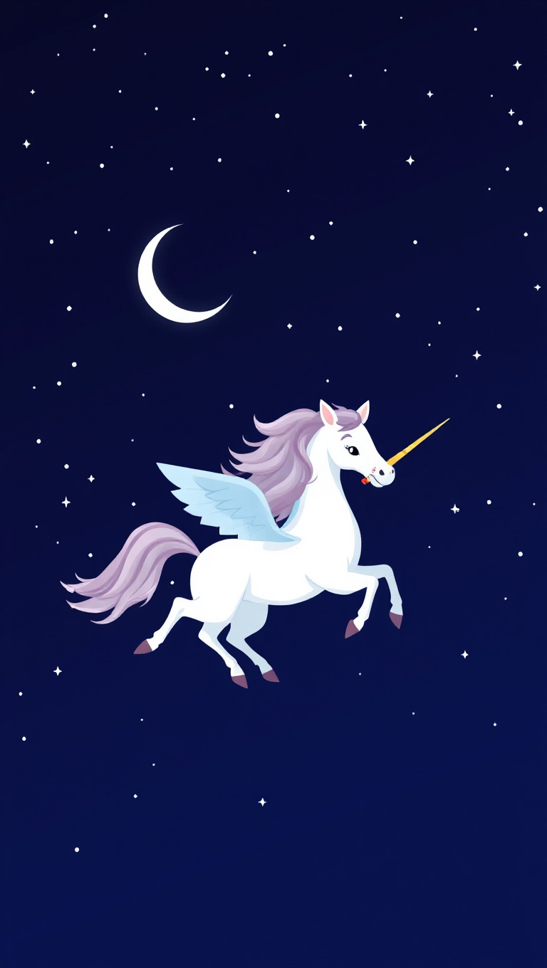 Unicorn Soars Through Starry Night Sky with Crescent Moon