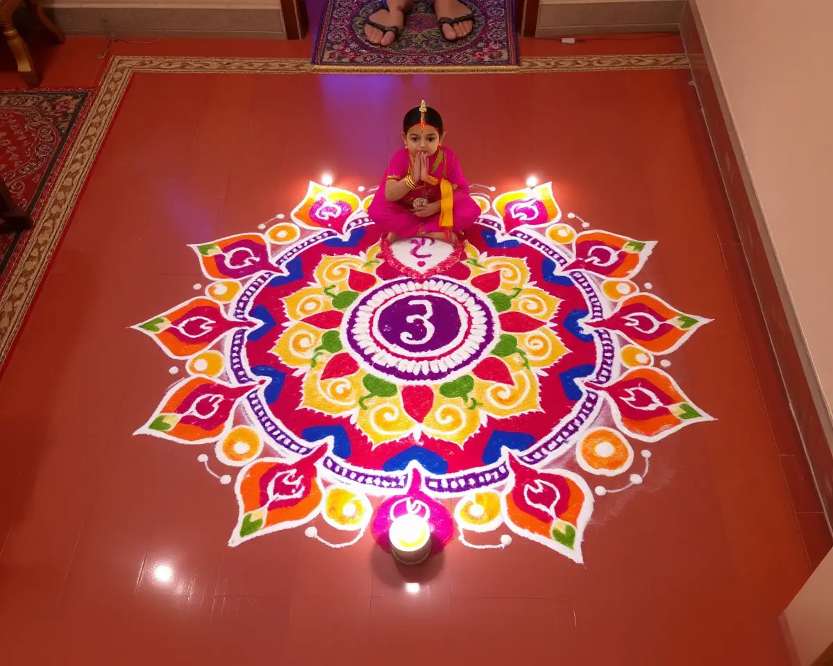 Vibrant Rangoli Design Welcomes Guests with Warm Namaste Gesture